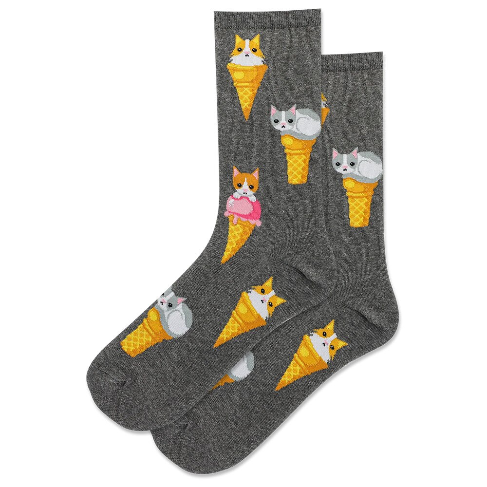 Fashion Accessories, HotSox, Grey, Novelty, Accessories, Women, Ice-cream Cat, Sock, 722703